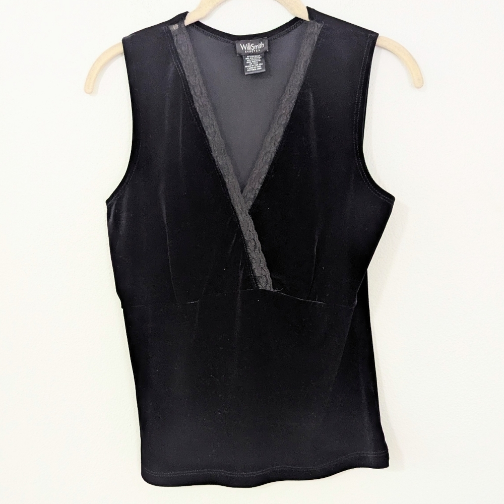 Vintage Y2K 90s Lace Trim Velvet Surplice Tank Top V Neck Black Medium M
